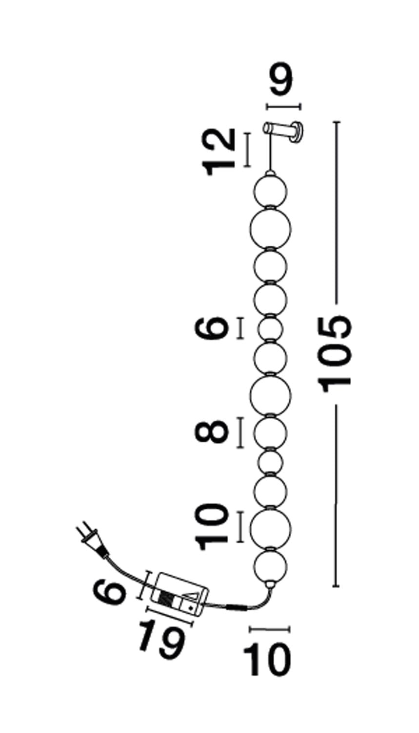 Schéma coté du luminaire indiquant une hauteur totale de 105 cm et les diamètres des boules.