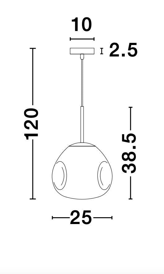 Schéma technique coté indiquant hauteur totale, largeur et diamètre du luminaire.