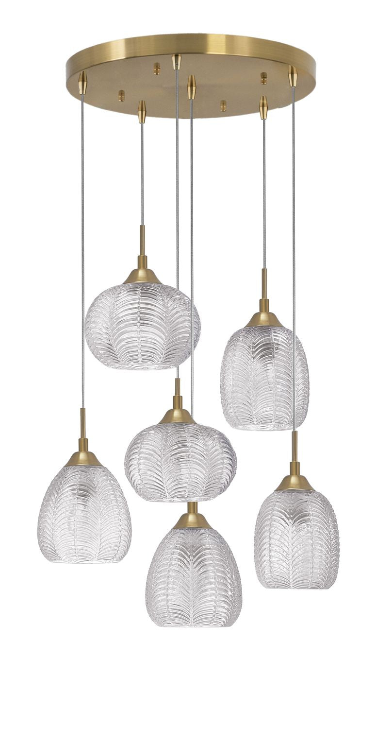 Vue d'ensemble du luminaire sur fond blanc avec ses six suspensions en verre