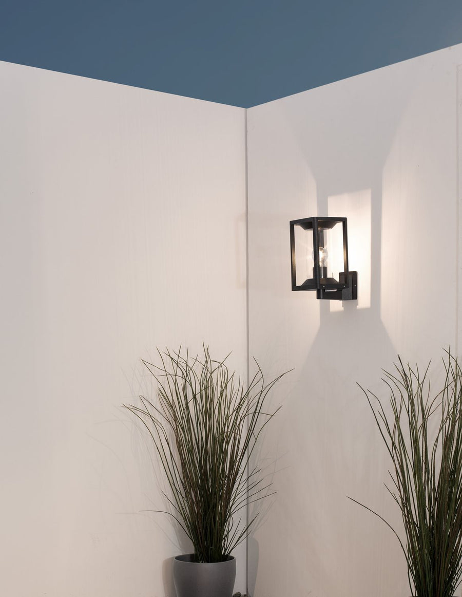 Applique murale anthracite allumée sur un mur blanc, ombre portée et plantes en pot.