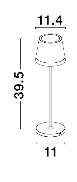 Schéma coté de la lampe : hauteur 39,5 cm, largeur 11,4 cm et base 11 cm.