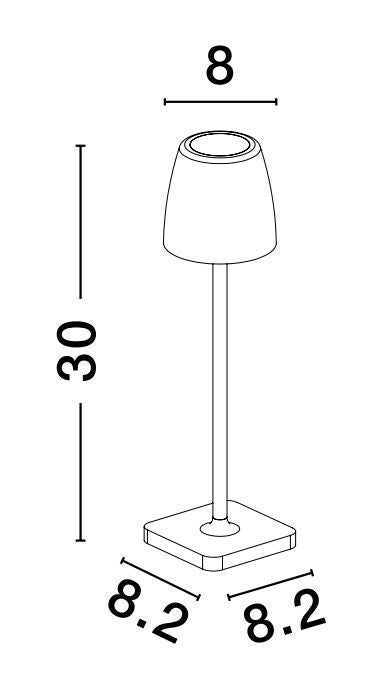 Schéma coté : hauteur 30 cm, abat-jour 8 cm, base carrée 8,2 cm