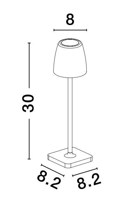 Schéma coté : hauteur 30 cm, largeur 8 cm, base carrée 8,2 cm de côté.