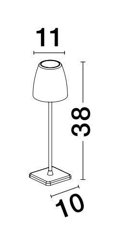 Schéma coté de la lampe : largeur 11 cm, hauteur 38 cm, base 10 cm.