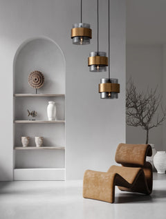 Suspension Sianna 3 lumières dorée, verre, H 170 cm