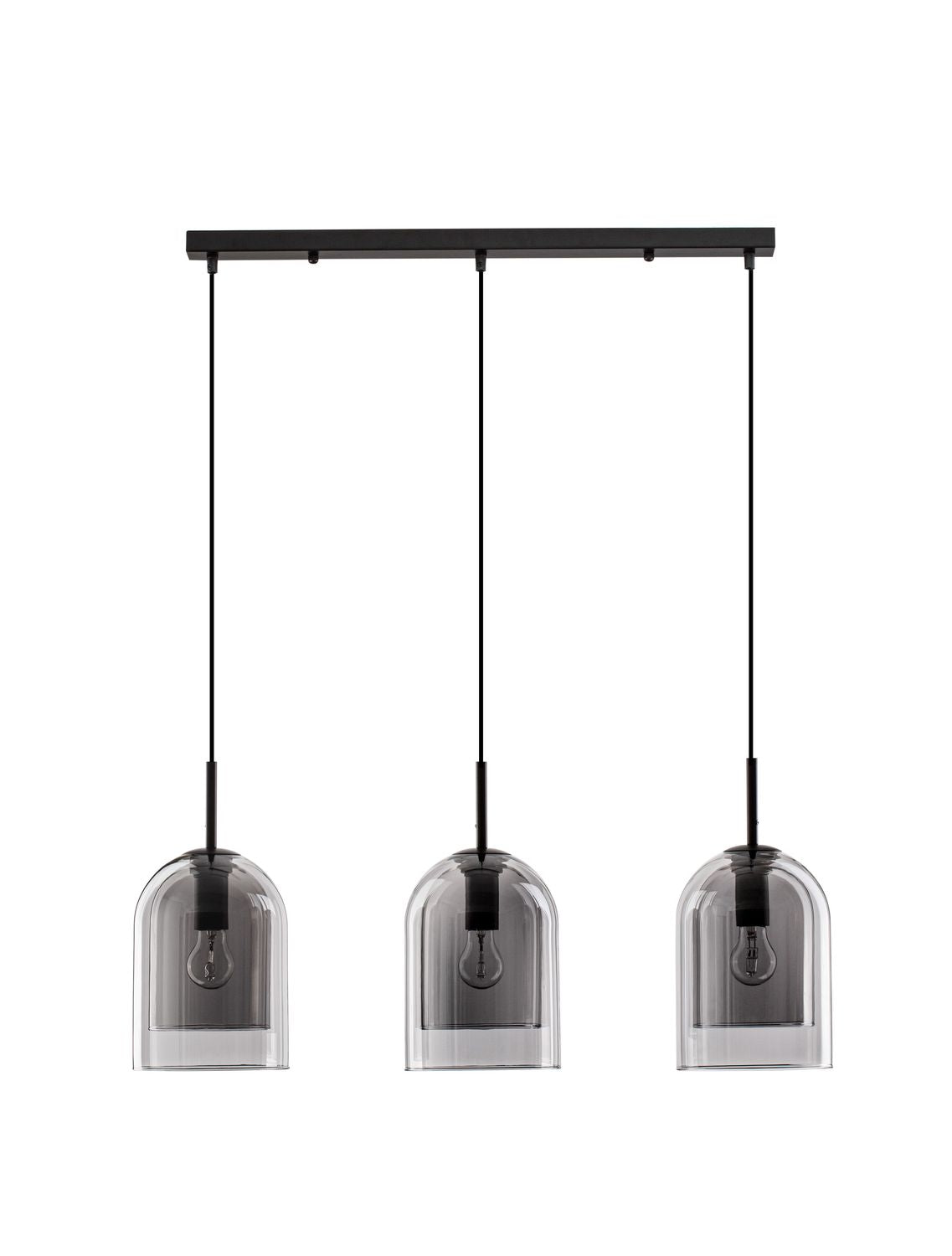 Plan large de la suspension, structure noire et trois diffuseurs en verre fumé.