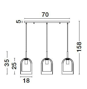Schéma technique coté de la suspension : largeur 70 cm, hauteur 158 cm.
