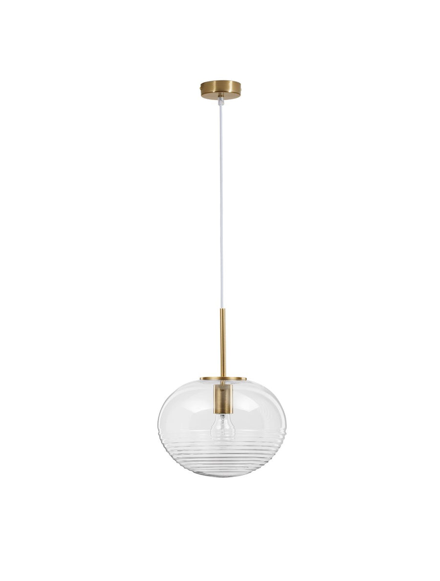 Vue de face du luminaire sur fond blanc, grand abat-jour en verre transparent et câble blanc