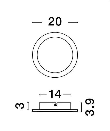 Schéma coté : diamètre 20 cm, base 14 cm et profondeur 3,9 cm