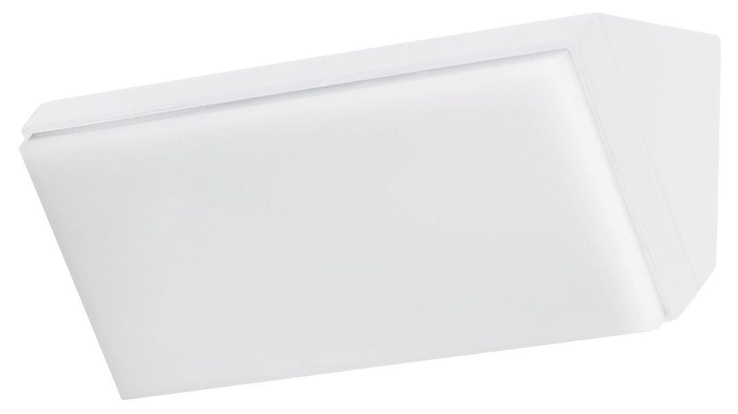 Vue de trois quarts du luminaire blanc, diffuseur opalin bombé et boîtier anguleux