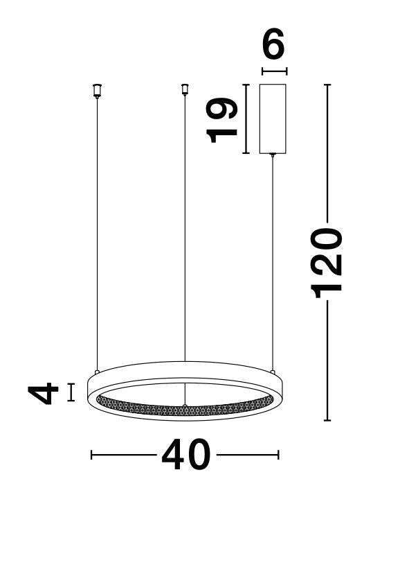 Schéma coté : hauteur 120 cm, diamètre 40 cm, rosace 6 cm et détail 19 cm.