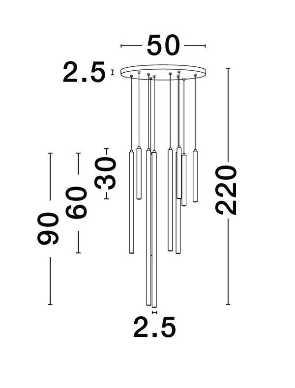 Schéma coté de la suspension avec support de 50 cm et hauteur totale de 220 cm.