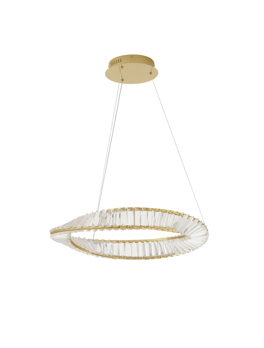 Suspension complète avec rosace dorée et câbles fins, vue d'ensemble sur fond blanc