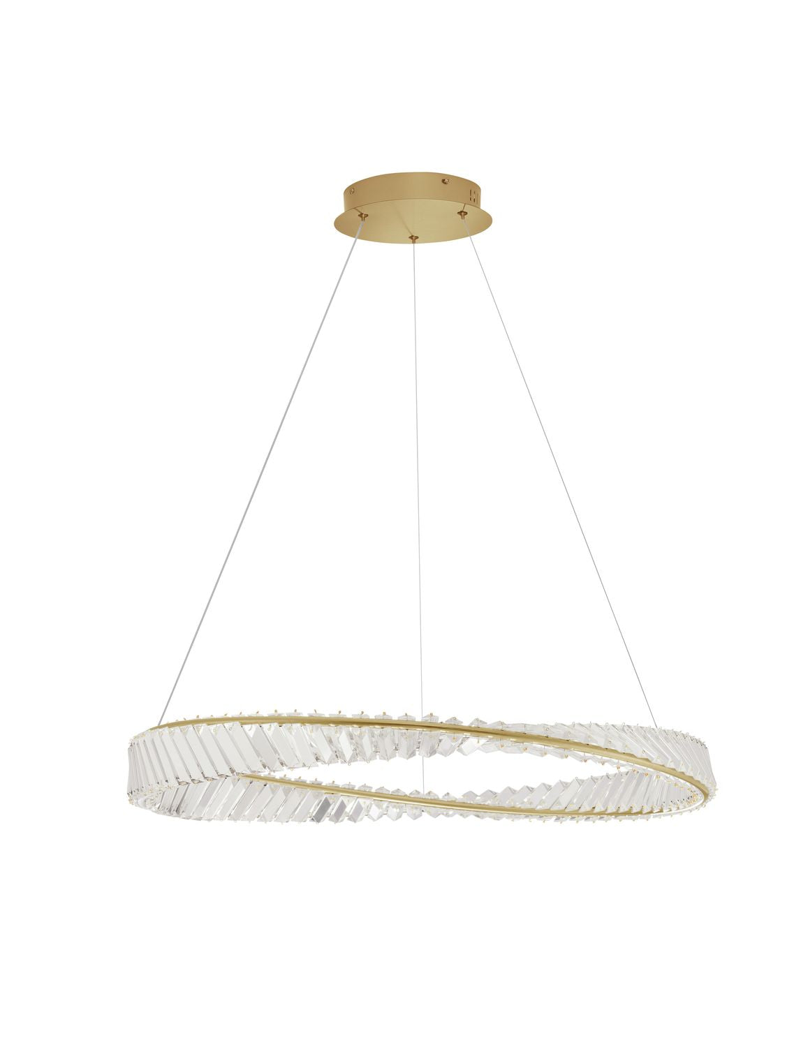 Vue de face du luminaire sur fond blanc avec ses câbles de suspension