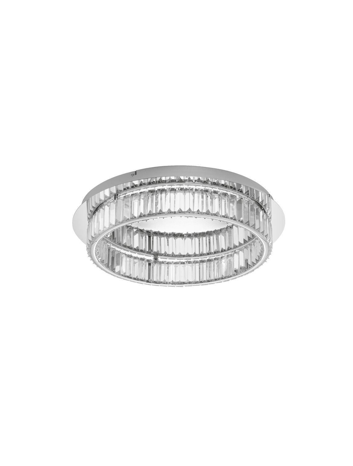 Vue produit sur fond blanc, anneau de cristaux taillés et monture chromée.