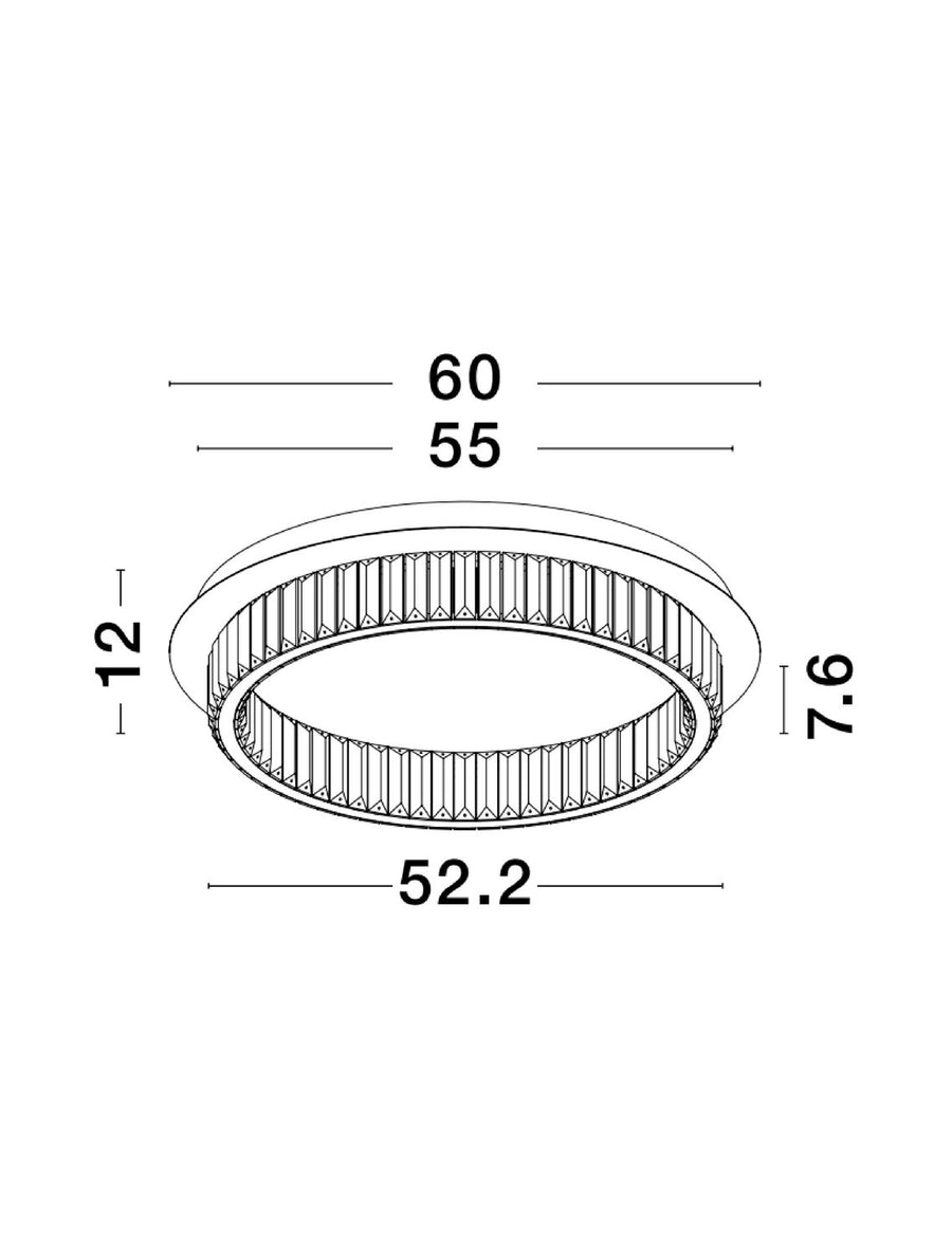 Schéma coté du plafonnier : diamètre 60, hauteur 12 et ouverture 52,2 cm.