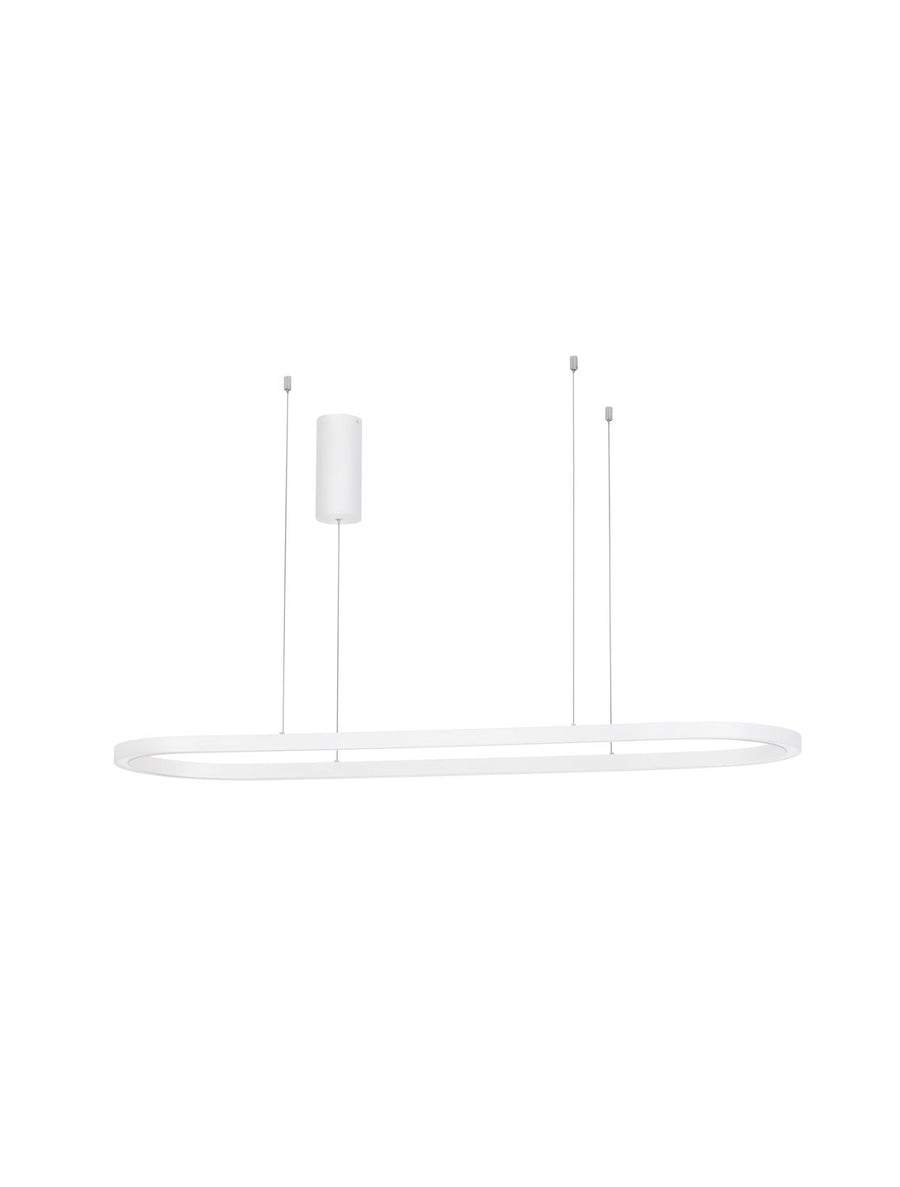 Produit de face sur fond blanc, anneau ovale blanc avec câbles et rosace de plafond.