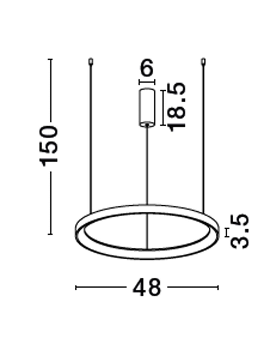 Schéma technique coté montrant diamètre 48 cm, hauteur 150 et épaisseur 3,5