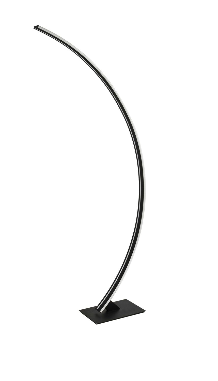 Vue de face du lampadaire incurvé noir sur fond blanc, socle carré