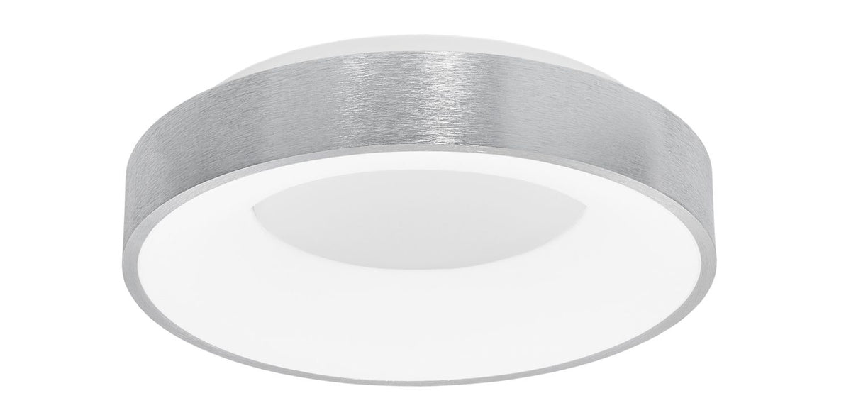 Vue de trois quarts du luminaire sur fond blanc, bandeau métal et verre opale