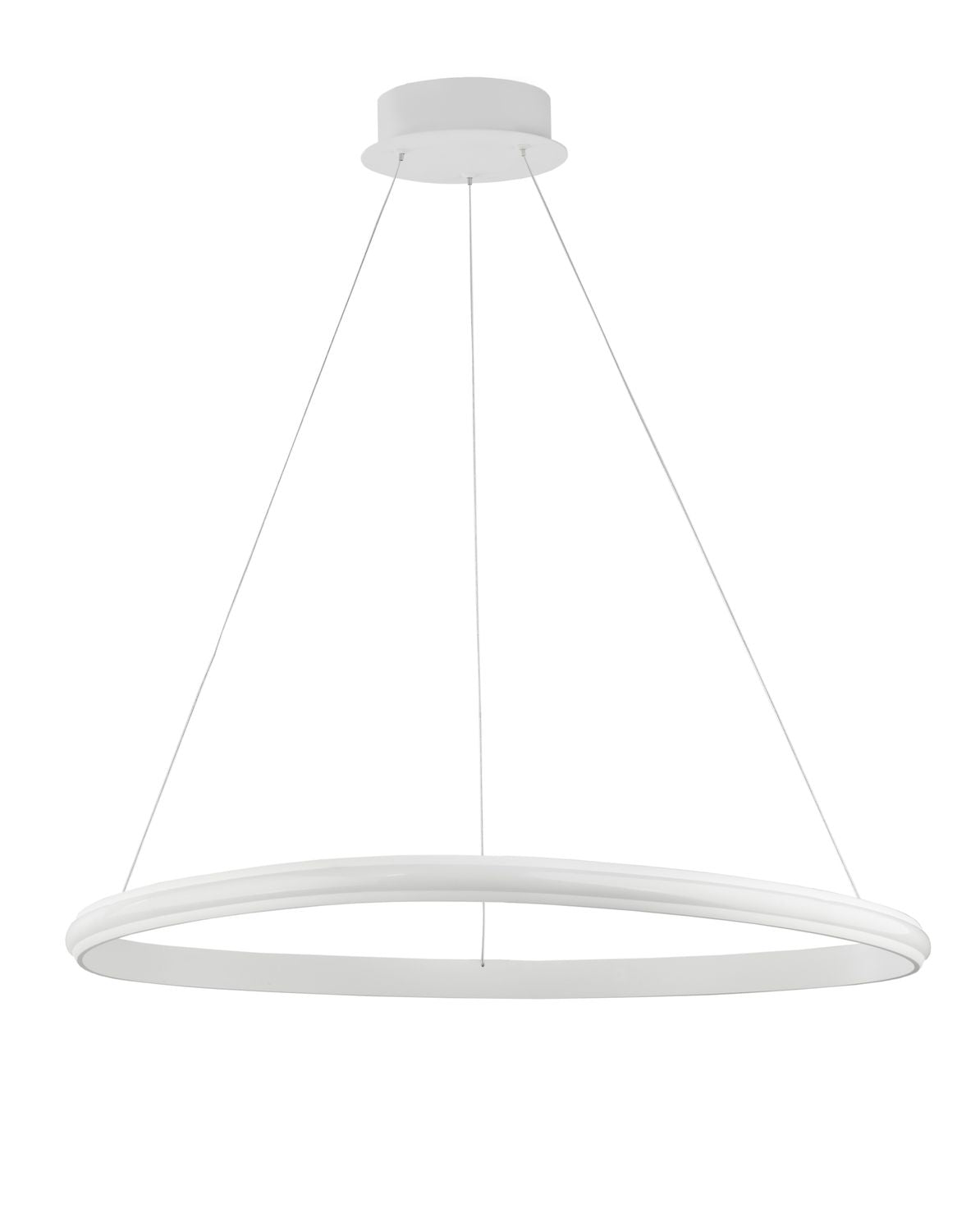 Vue d'ensemble du luminaire suspendu avec rosace blanche et trois câbles.