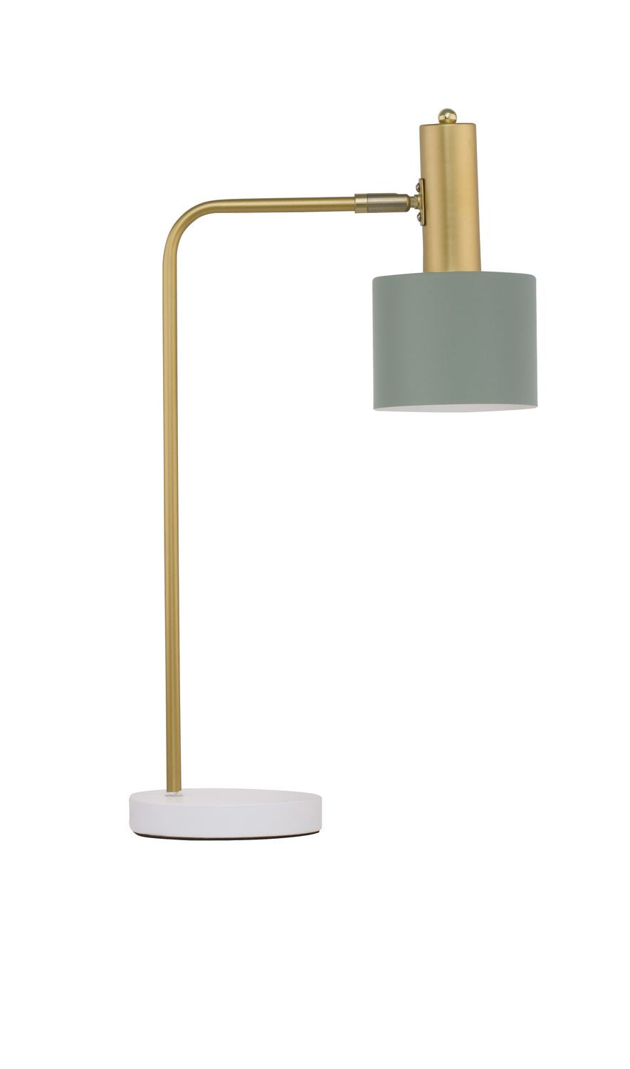 Vue de face sur fond blanc de la lampe, abat-jour vert cylindrique et bras doré.