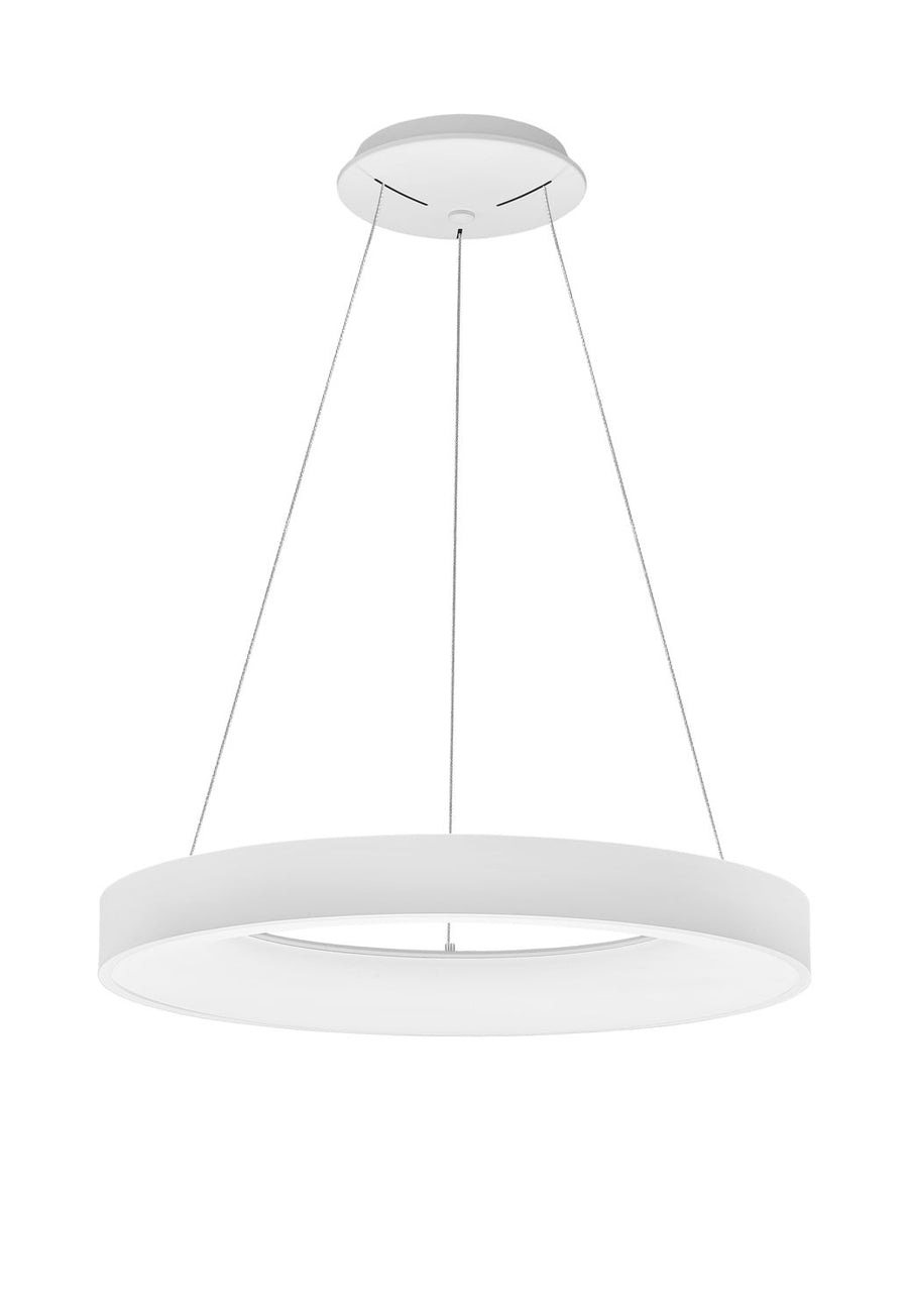 Vue d'ensemble du luminaire suspendu avec sa rosace et son anneau.