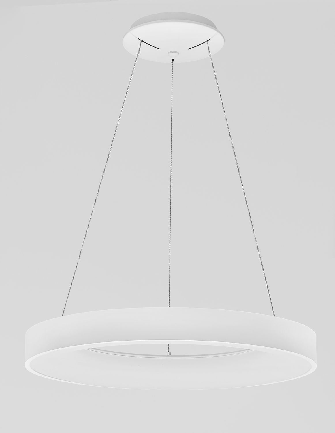 Vue frontale du luminaire avec câbles et diffuseur blanc.