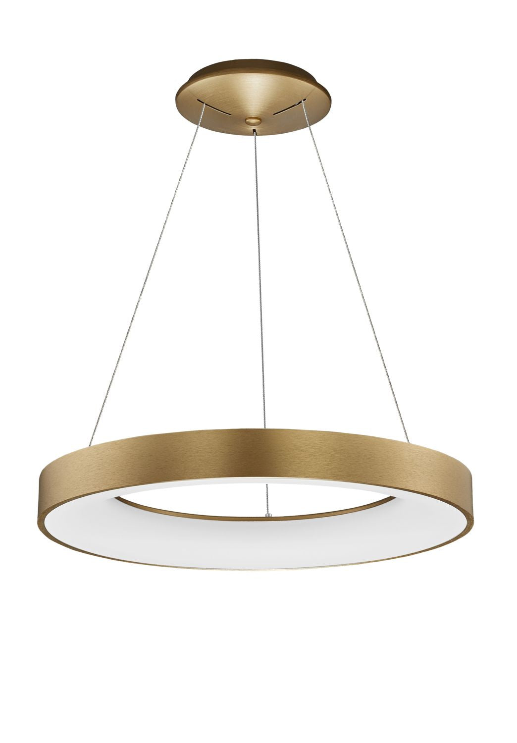 Vue de face du luminaire doré suspendu par trois câbles fins sur fond blanc