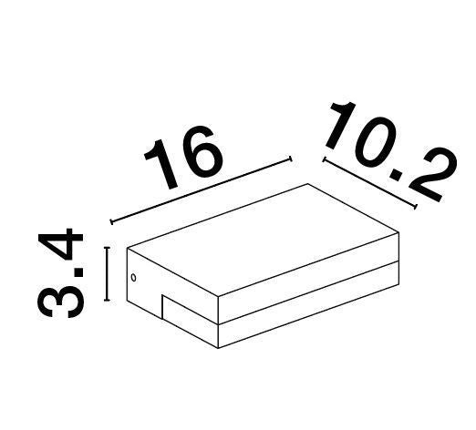 Schéma de dimensions du boîtier avec 16, 10.2 et 3.4 centimètres indiqués.