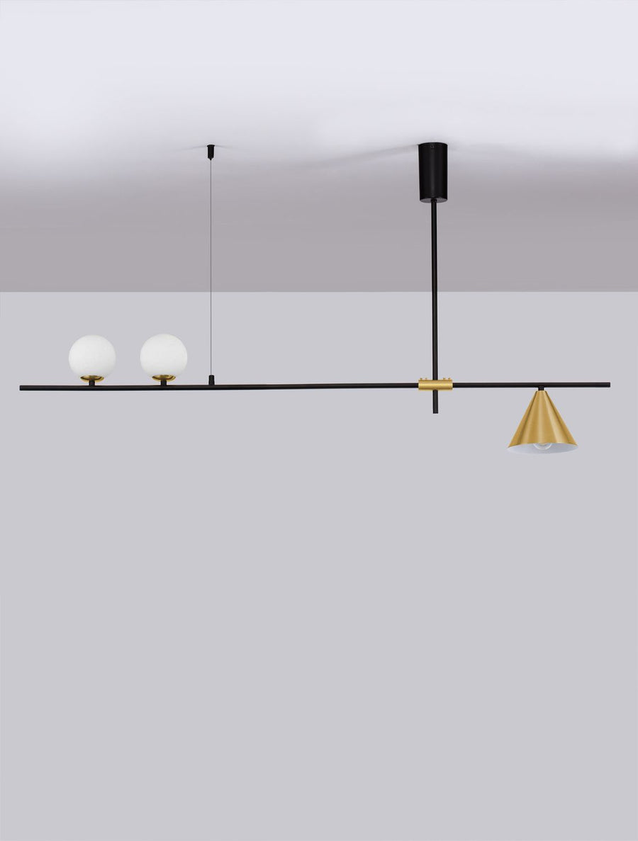 Suspension fixée au plafond, vue d'ensemble avec câble et tige noire
