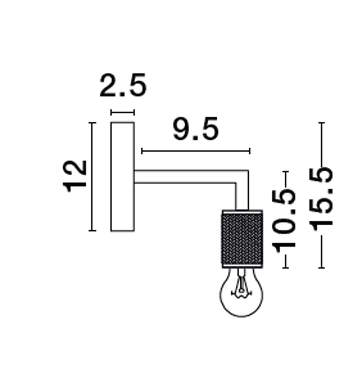 Schéma technique coté : profondeur 9,5 cm, hauteur totale 15,5 cm