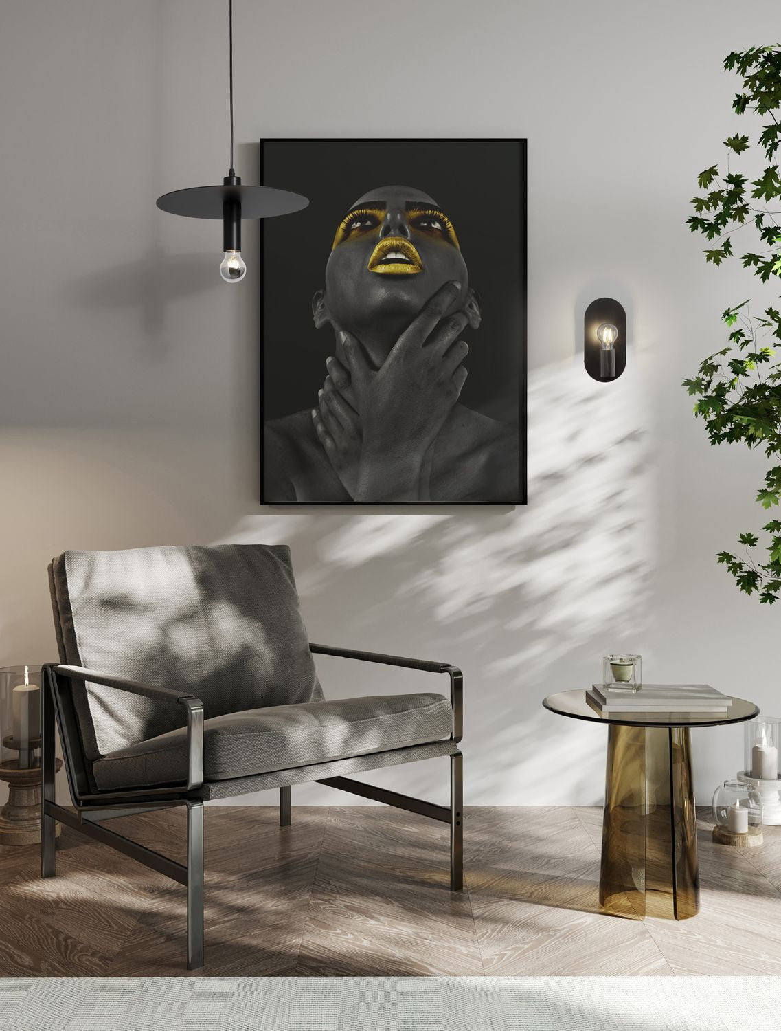 Mise en ambiance salon, applique noire allumée près d'un tableau encadré