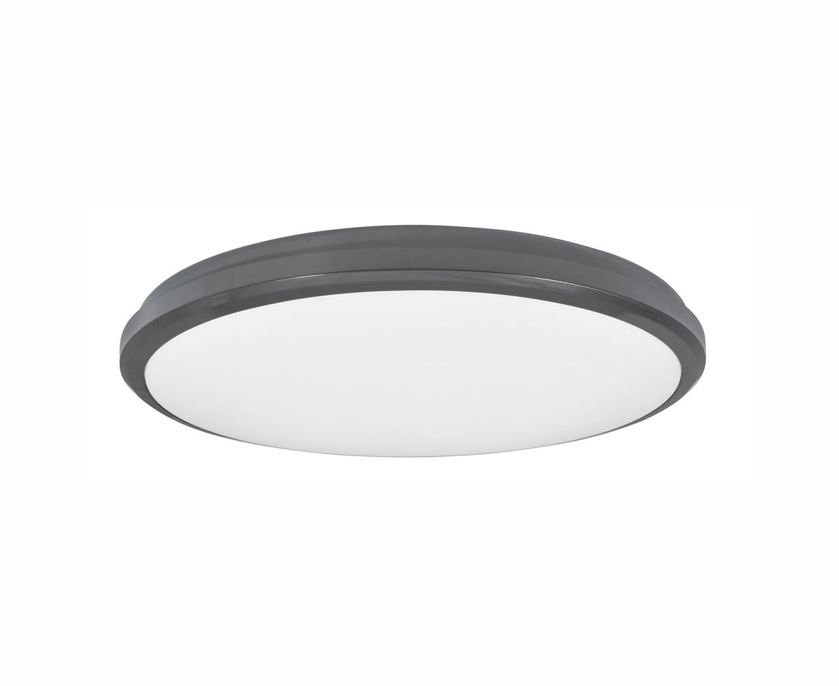 Vue de face du plafonnier gris, cerclage fin et diffuseur blanc opalin bombé