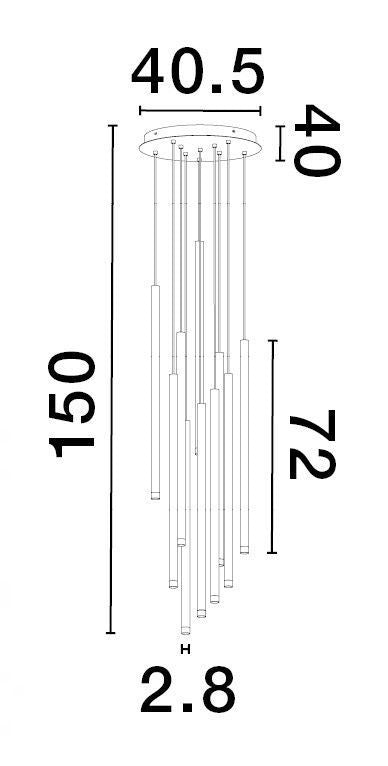 Schéma coté du luminaire suspendu avec dimensions 150, 72 et 40.5 cm.