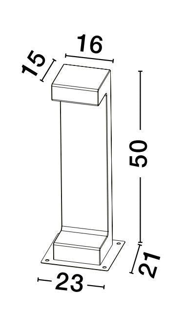 Schéma technique coté de la borne avec dimensions 50, 23 et 16 cm.