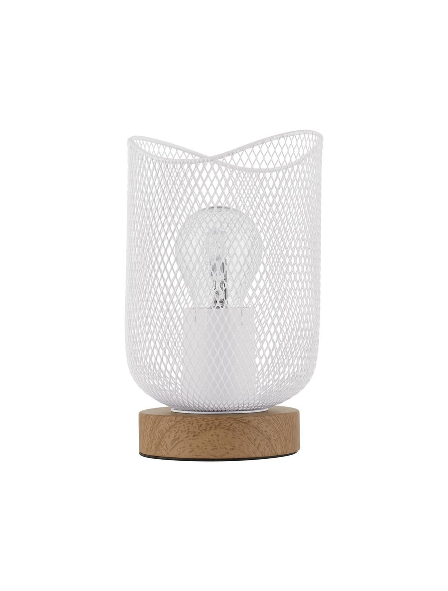 Vue de face de la lampe à poser, abat-jour cylindrique en maille blanche.