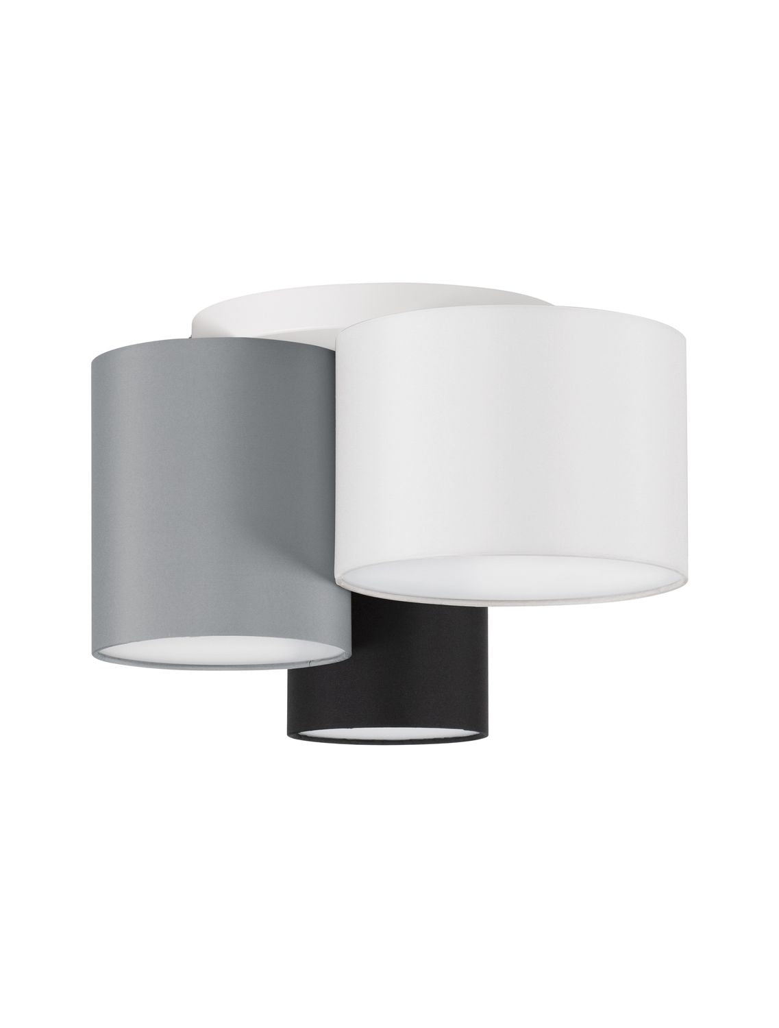 Vue de face du luminaire sur fond blanc, trois abat-jours cylindriques décalés