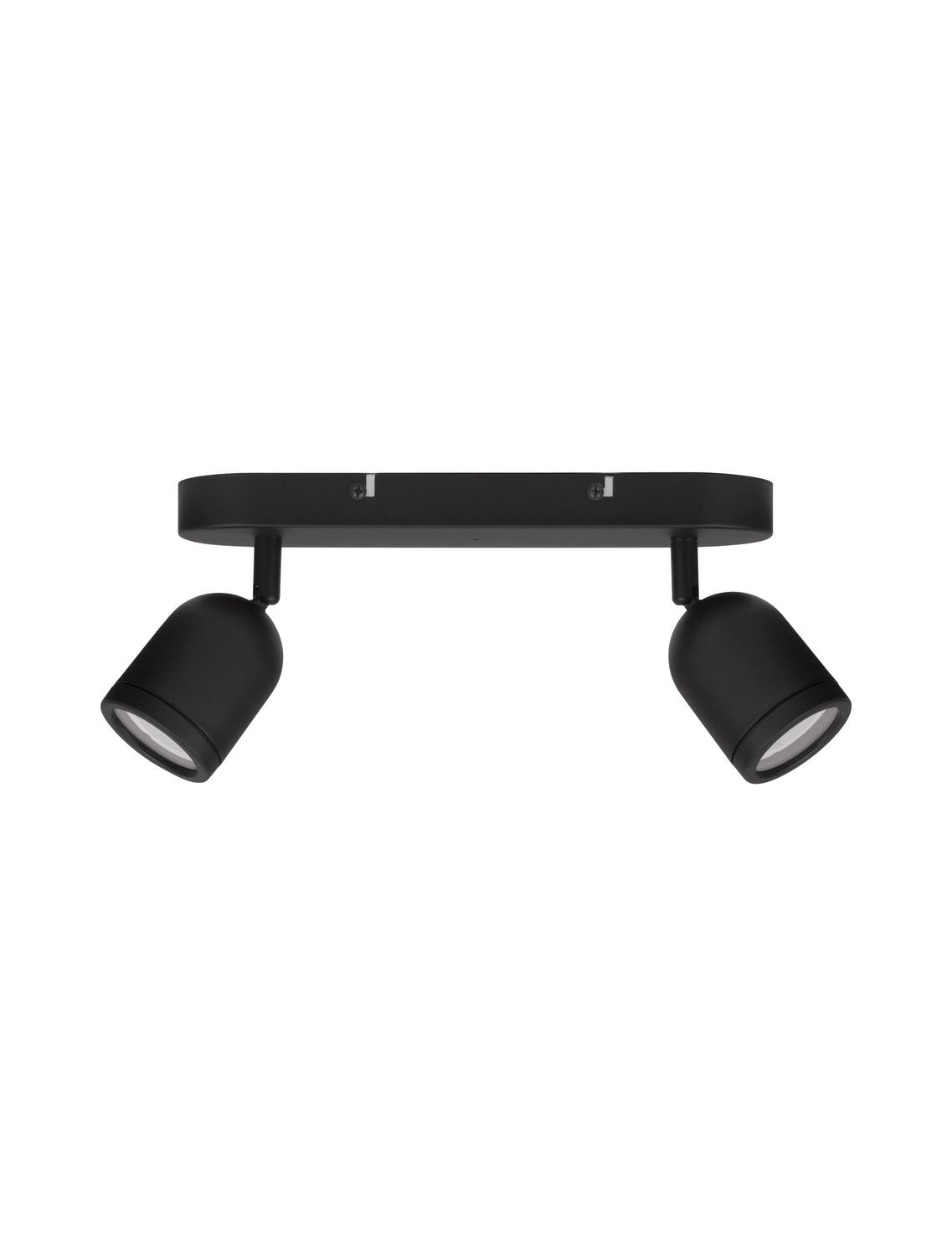 Produit de face sur fond blanc, deux spots orientables noirs et base plate
