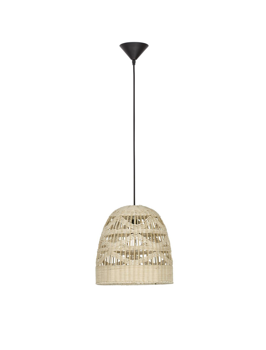 Vue de face centrée du luminaire suspendu avec abat-jour rotin beige.