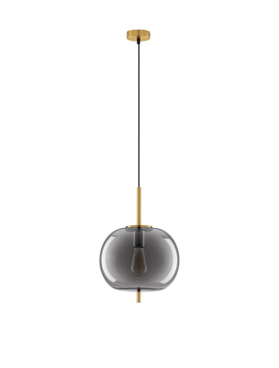 Vue de face du luminaire sur fond blanc, verre fumé et tige dorée