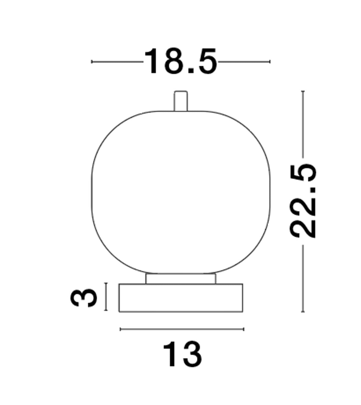 Schéma coté indiquant 18,5 cm de largeur, 22,5 cm de hauteur et base de 13 cm