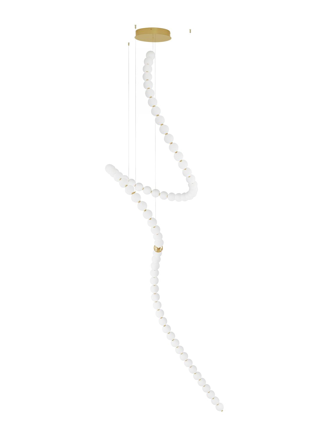 Vue de face du luminaire entier sur fond blanc, montrant la chaîne de perles en spirale