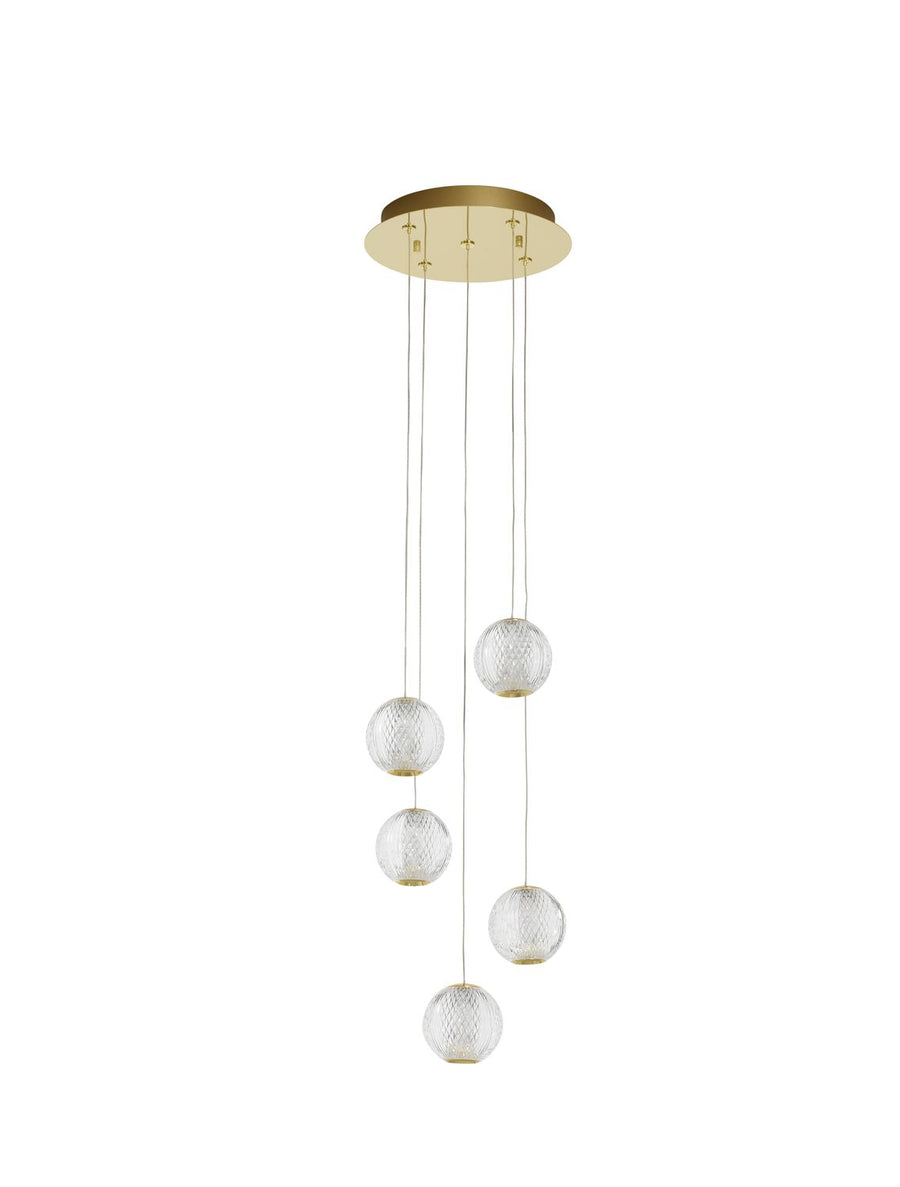 Vue de face du luminaire sur fond blanc avec ses cinq boules de verre texturé