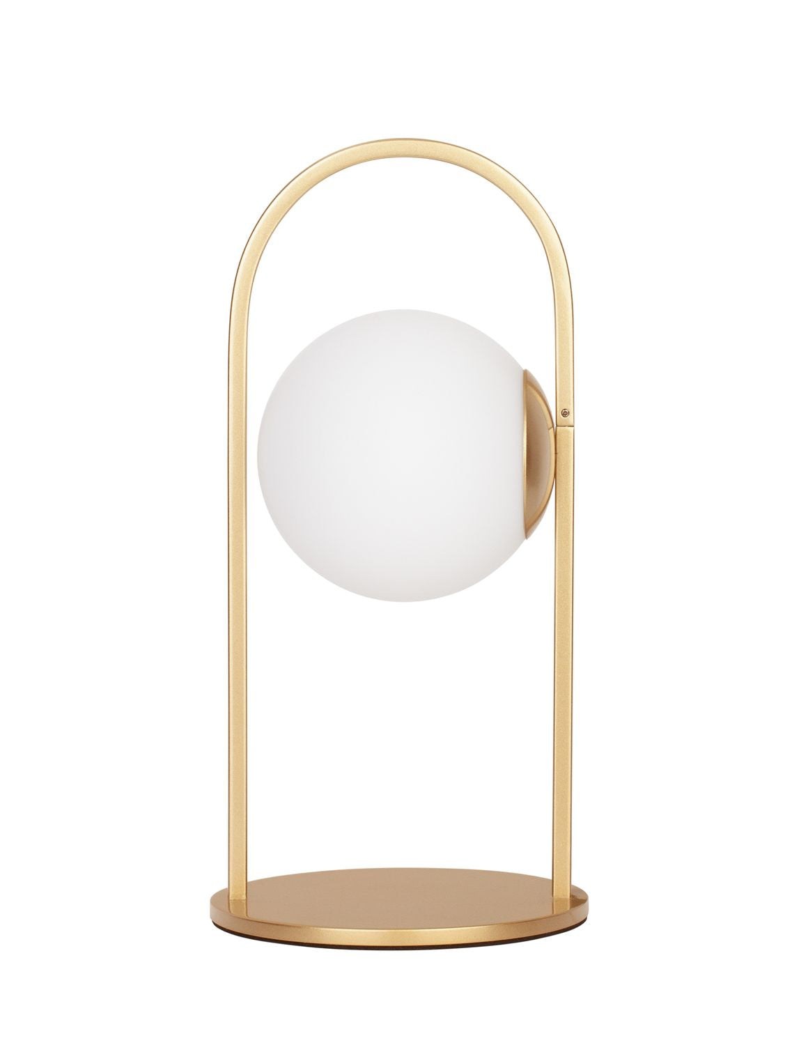 Vue de face du luminaire doré avec son globe blanc sur fond neutre
