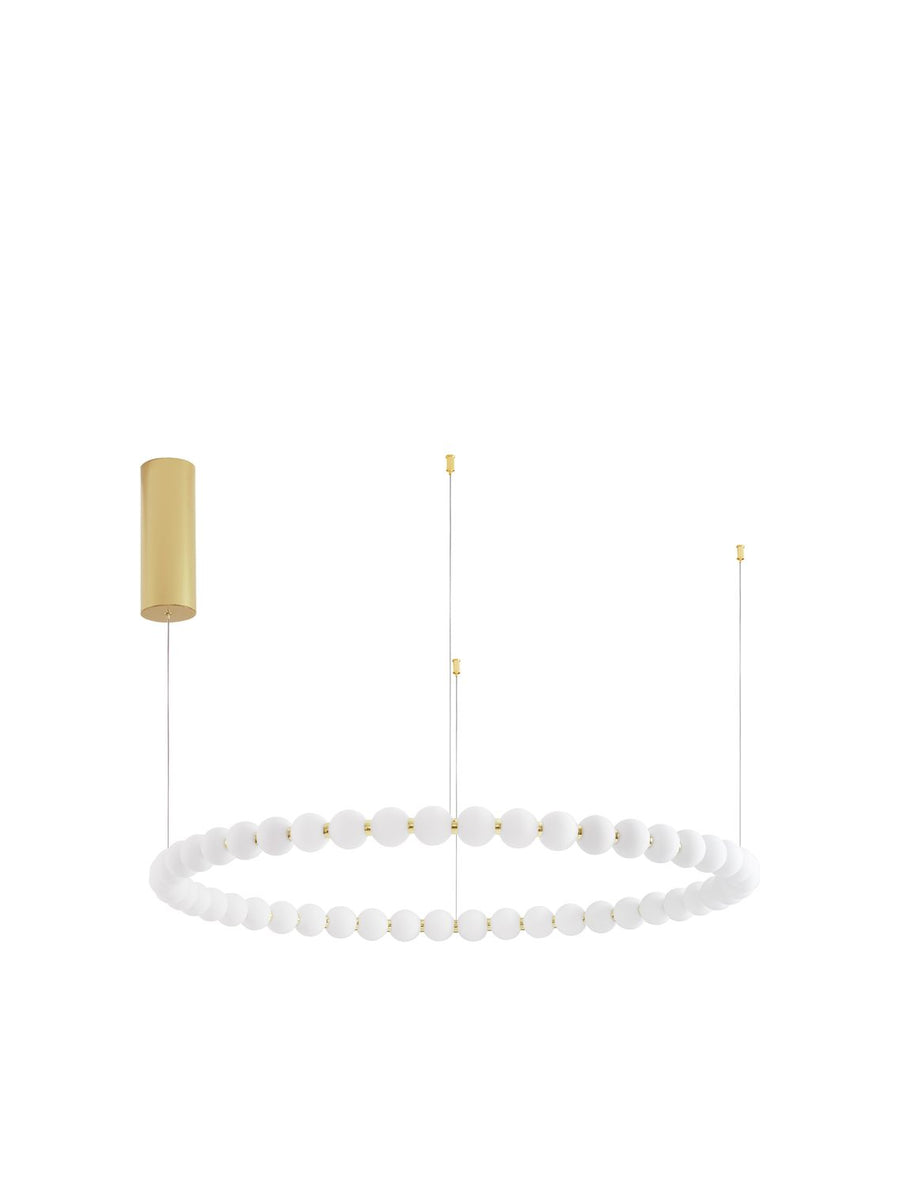 Produit présenté sur fond blanc, couronne ovale de perles blanches et câbles fins
