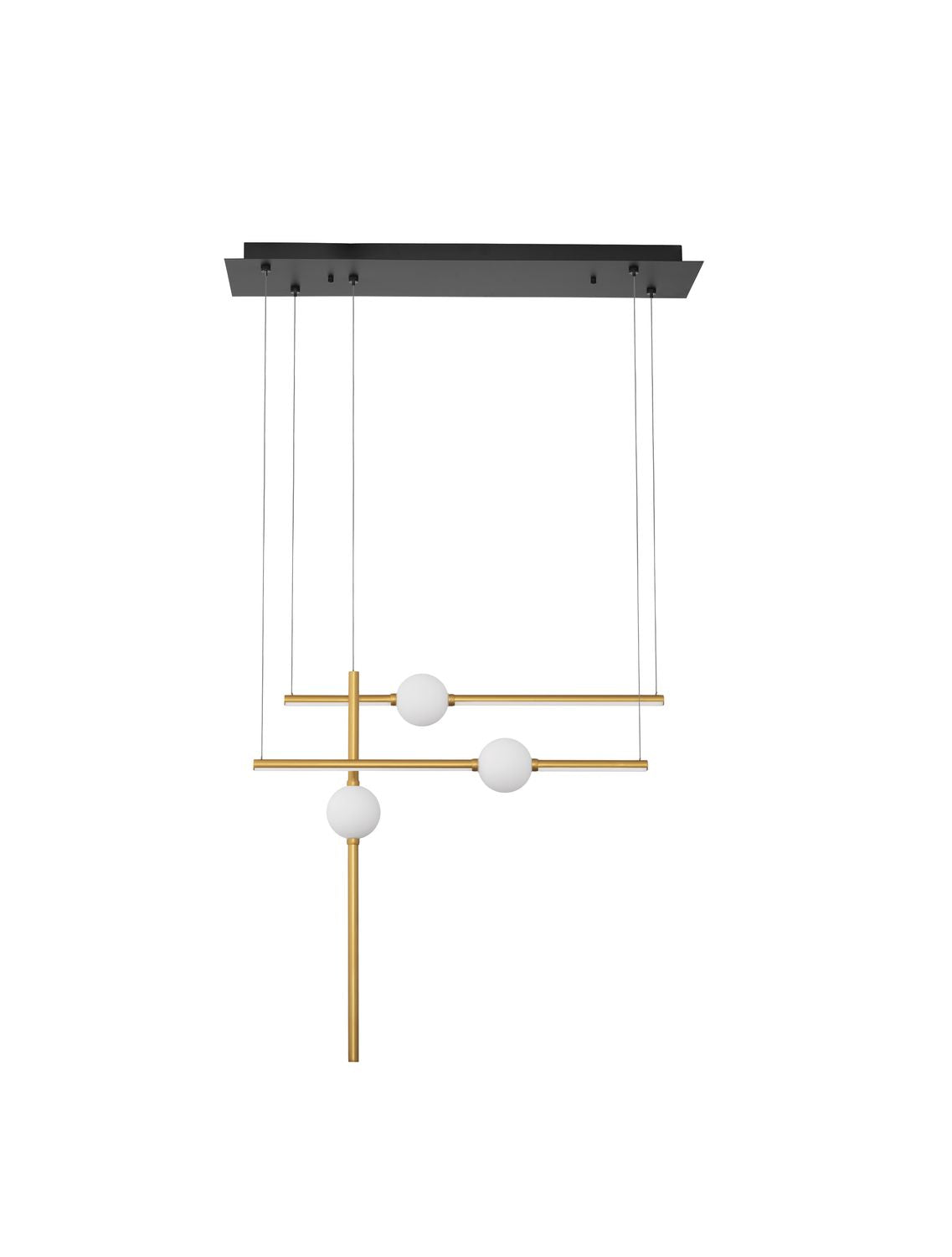 Vue de face du luminaire suspendu avec ses tiges dorées et ses globes opalins blancs