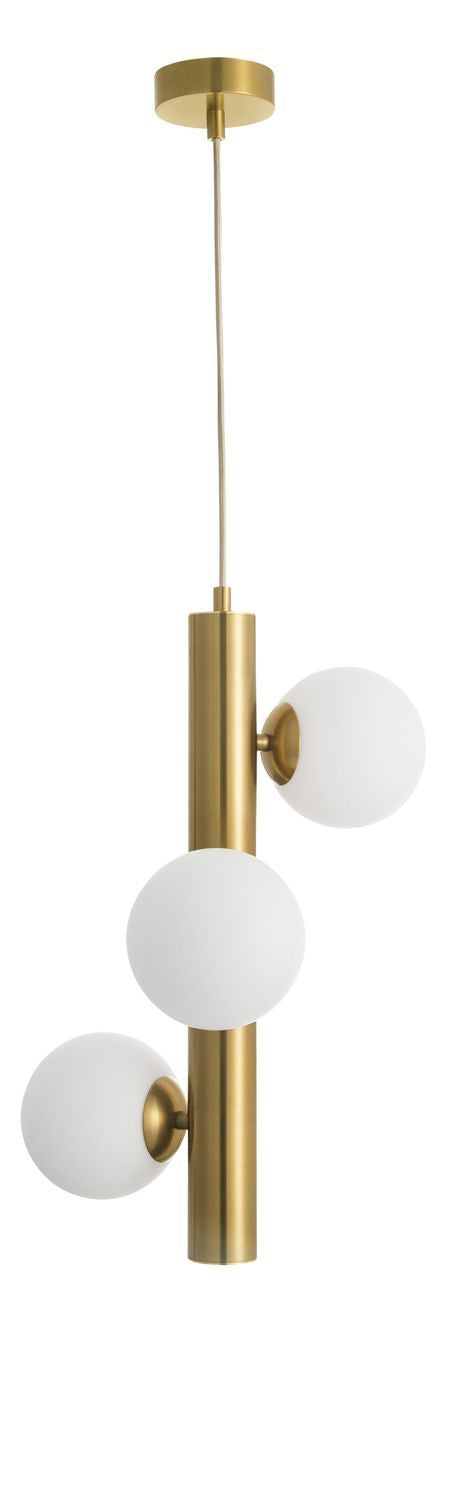 Vue d'ensemble de la suspension avec sa rosace et son câble, trois globes opalins.