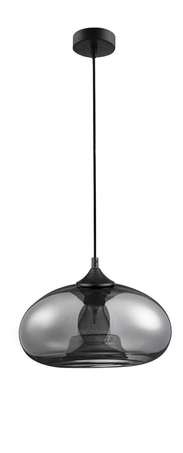 Vue de face du luminaire suspendu sur fond blanc, verre fumé et câble noir