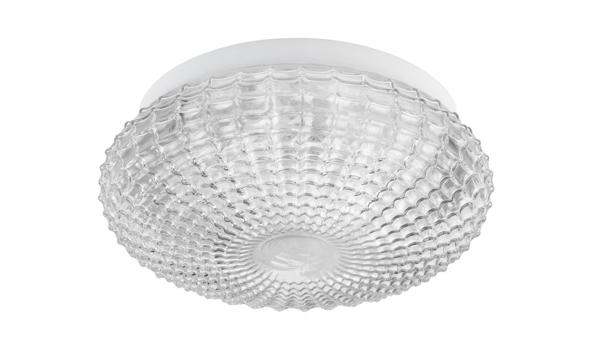 Vue de face du plafonnier transparent sur fond blanc, forme bombée côtelée